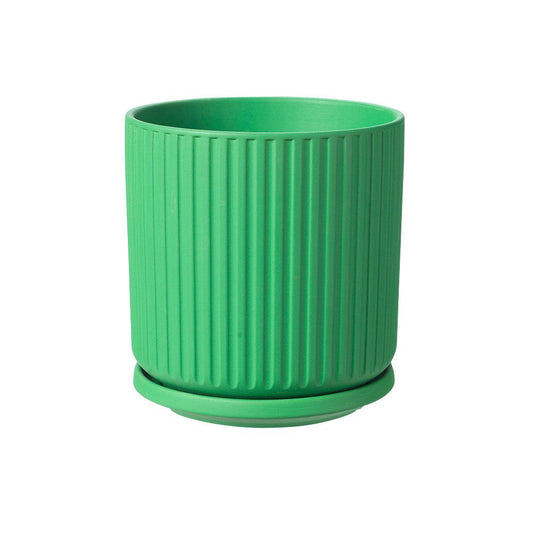 Ceramic Ridged Pot With Saucer - Viva Green