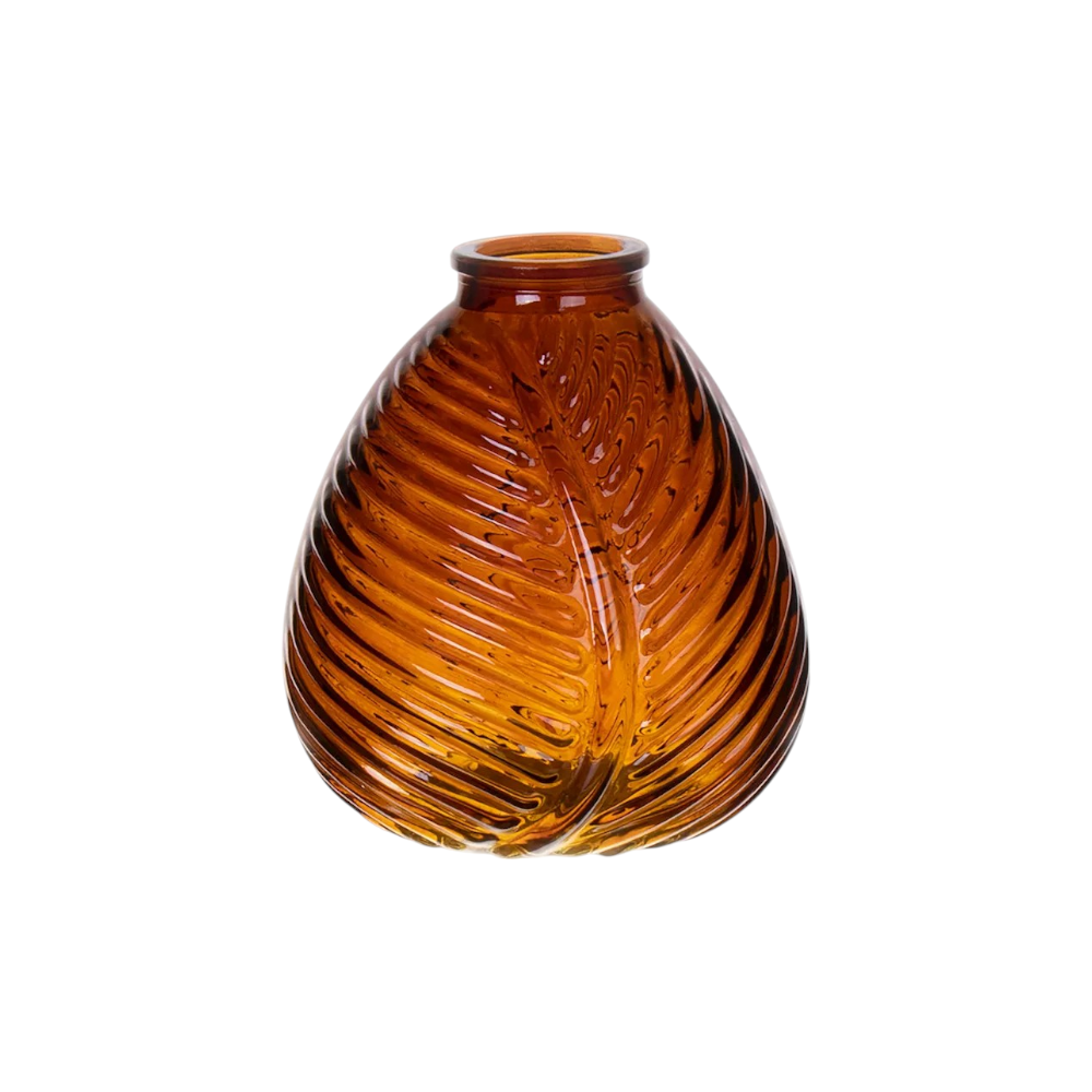 Dark Amber Glass Leaf Pattern Vase - H13cm