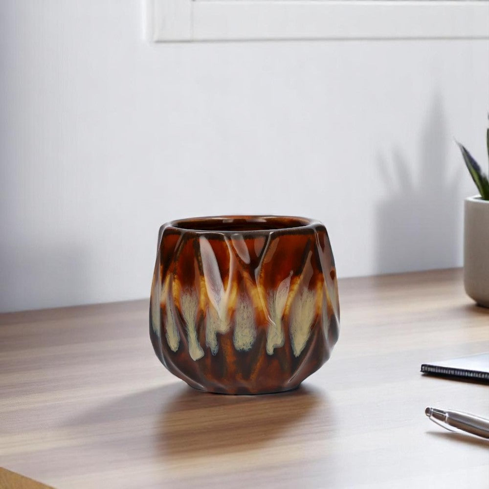 Small Ceramic Plant Pot - Brown/Beige