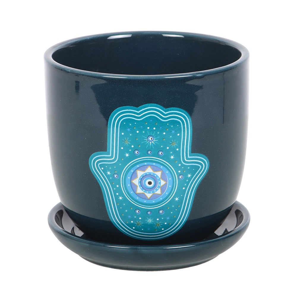 Hand of Hamsa Ceramic Plant Pot And Saucer