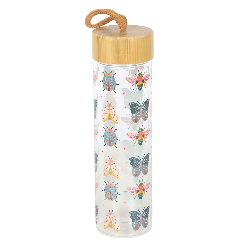 Floral Bug Print Glass Water Bottle