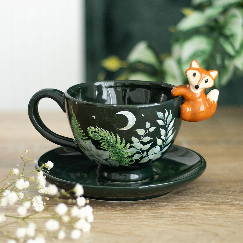 Green Forest Teacup with Fox And Saucer