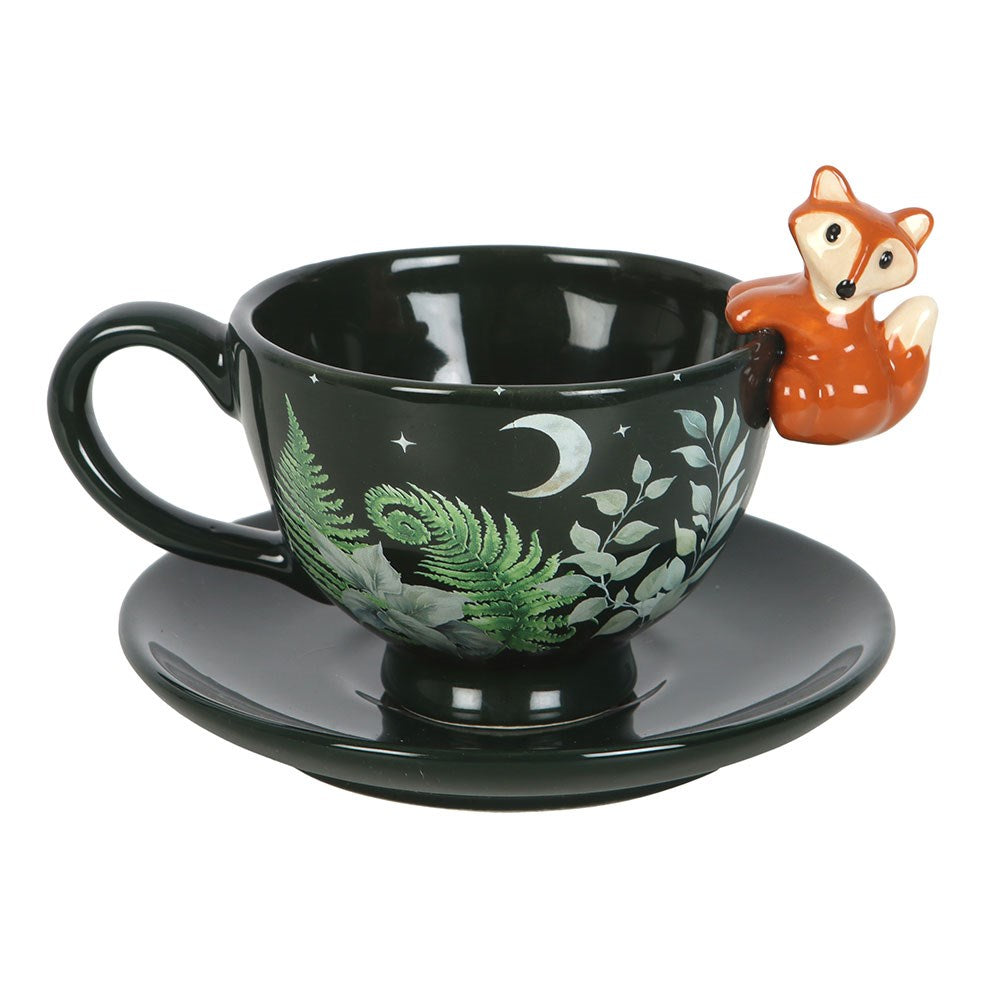 Green Forest Teacup with Fox And Saucer