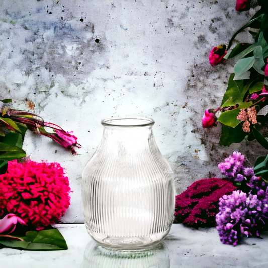 Clear Glass Ribbed Bulbous Vase