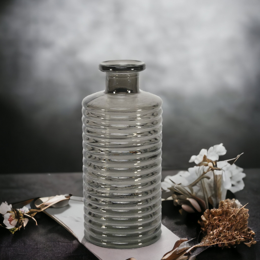 Horizontal Ribbed Glass Bottle Vase - Grey