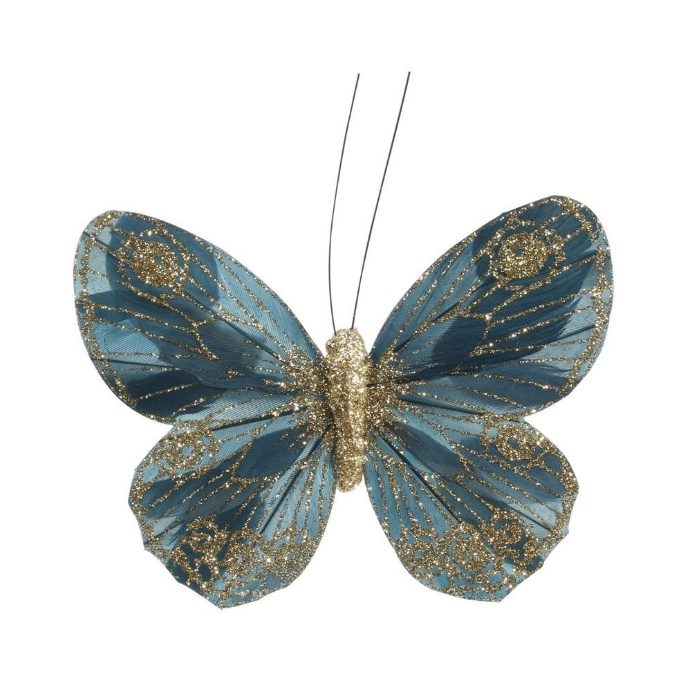 Petrol Green Feather & Glitter Butterfly 12 cm (Pack of 12)