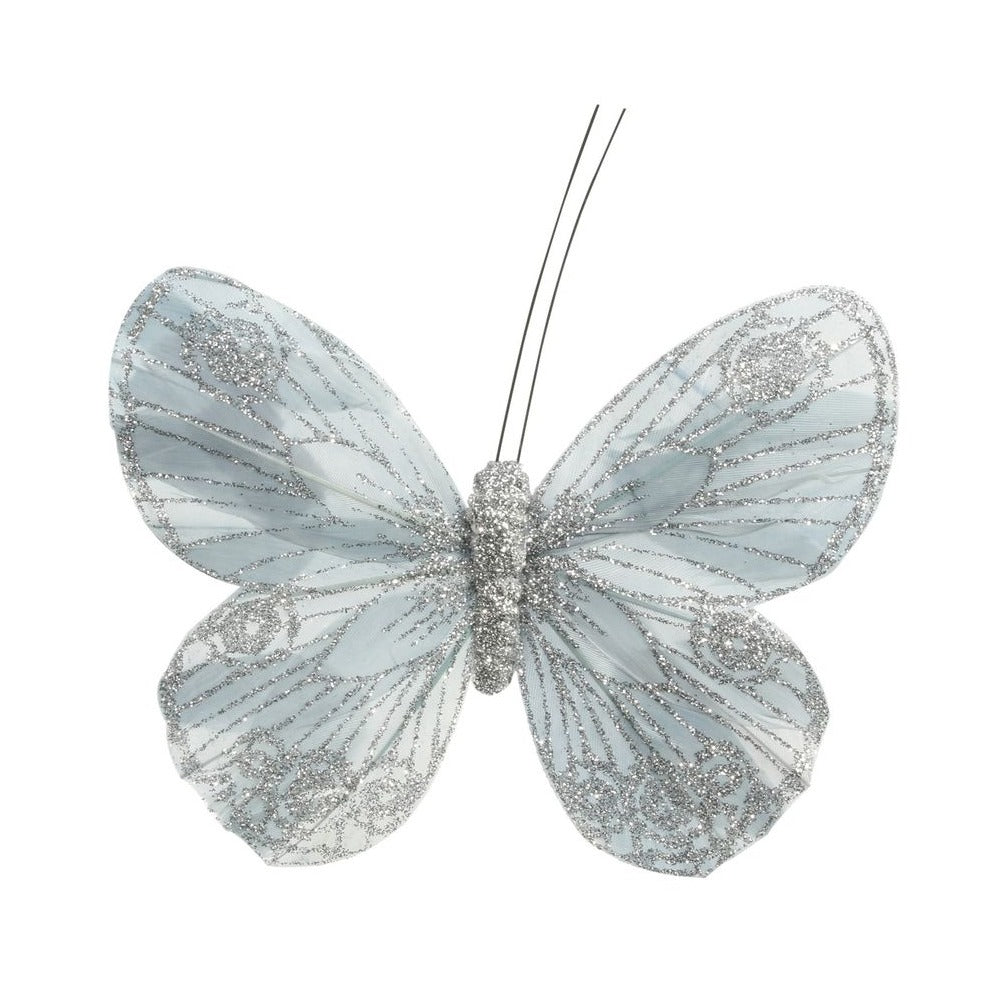 Silver Feather & Glitter Butterfly 12 cm (Pack of 12)