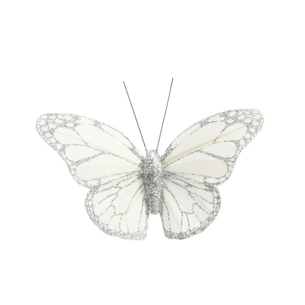 White/Silver Feather & Glitter Butterfly 8 cm (Pack of 12)