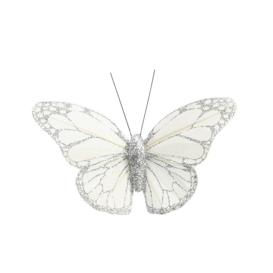 White/Silver Feather & Glitter Butterfly 8 cm  (Pack of 12)