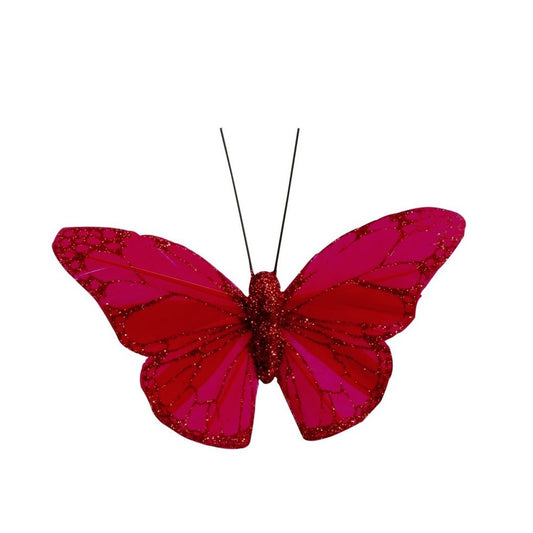Red Feather & Glitter Butterfly 8 cm  (Pack of 12)