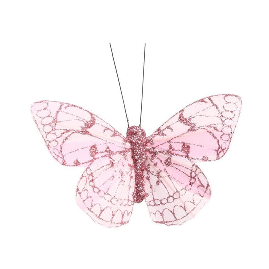 Pink Feather & Glitter Butterfly 8 cm  (Pack of 12)