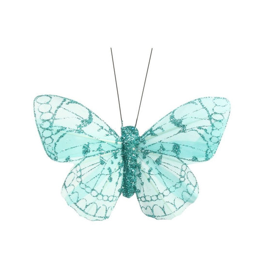 Turquoise Feather & Glitter Butterfly 8 cm  (Pack of 12)