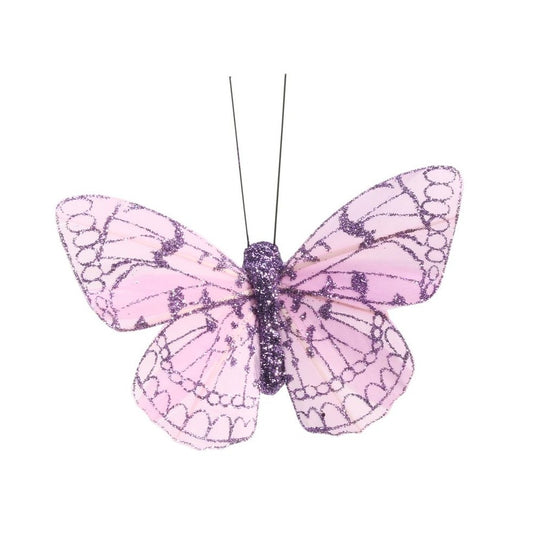 Lilac Feather & Glitter Butterfly 8 cm  (Pack of 12)