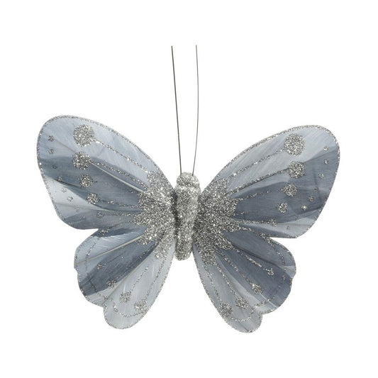 Silver Feather & Glitter Butterfly (Pack of 12)