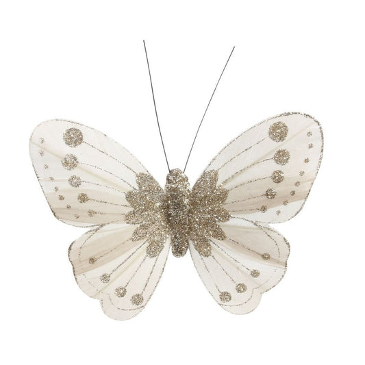 Ivory/Gold Feather & Glitter Butterfly (Pack of 12)