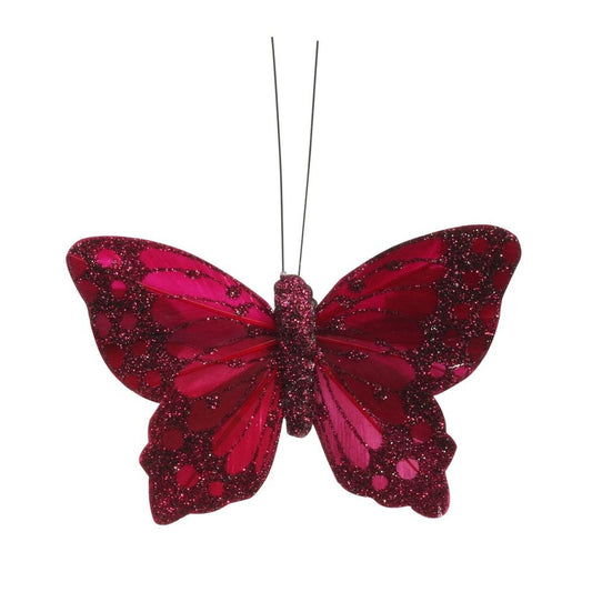 Burgundy Feather & Glitter Butterfly (Pack of 12) 9 cm