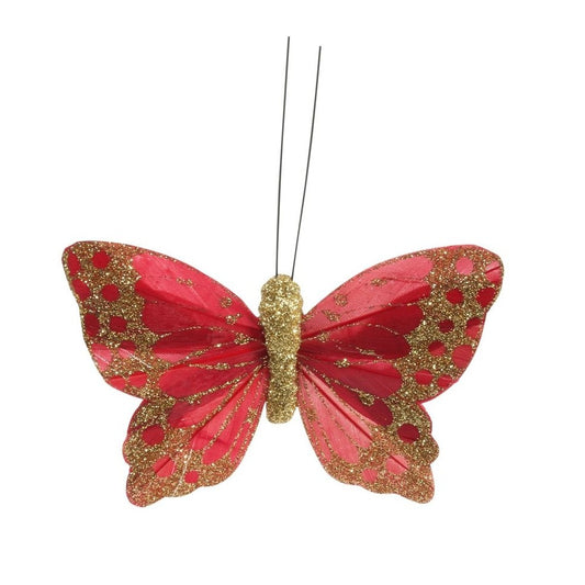 Red/Gold Feather & Glitter Butterfly (Pack of 12)