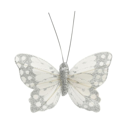 Silver Ivory Feather & Glitter Butterfly (Pack of 12)