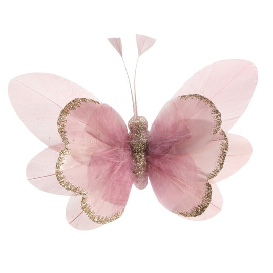 Pink Feather & Glitter Butterfly (Pack of 6)