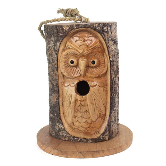 Hand Carved Wooden Owl Birdhouse - Open Eye