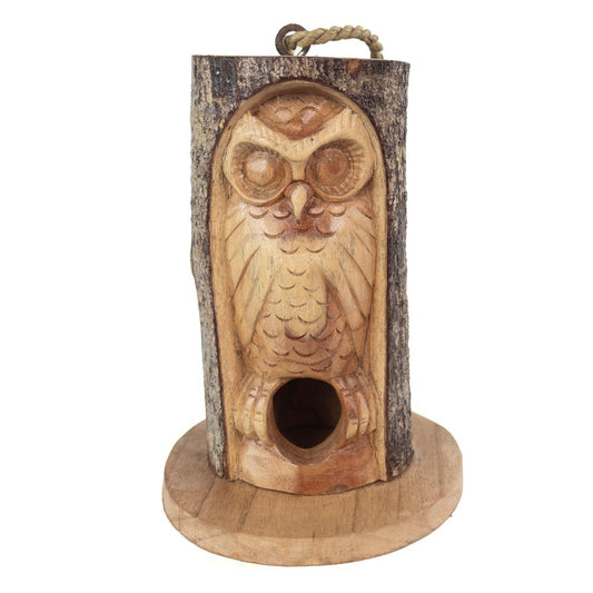 Hand Carved Wooden Owl Birdhouse - Closed Eye