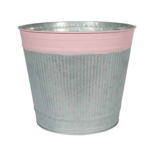 Whitewash Zinc Bucket with Pink Band (H20.5cm)