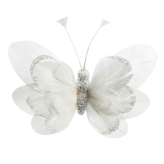 White Feather & Glitter Butterfly (Pack of 6)