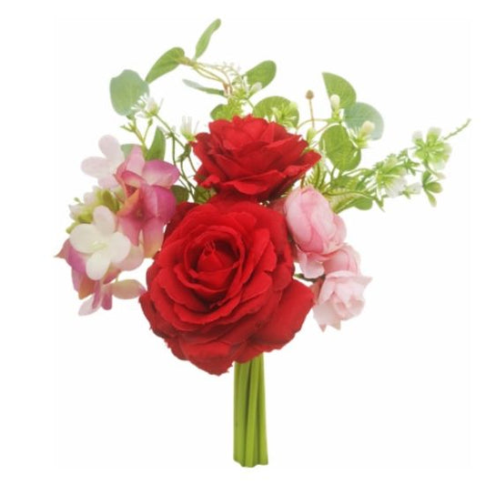 Artificial Rose And Eucalyptus Bouquet Dark Red/Pink