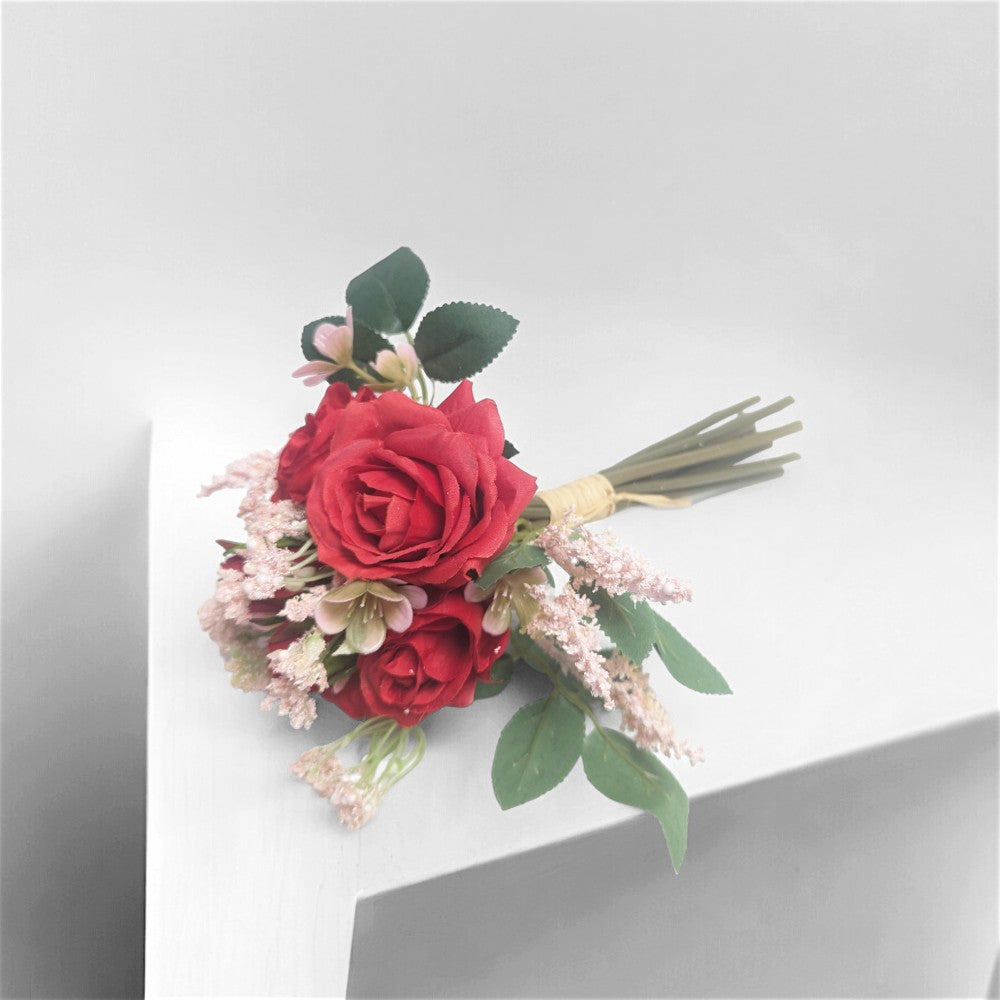 Artificial Mini Rose And Rosebud Bundle With Foliage Red