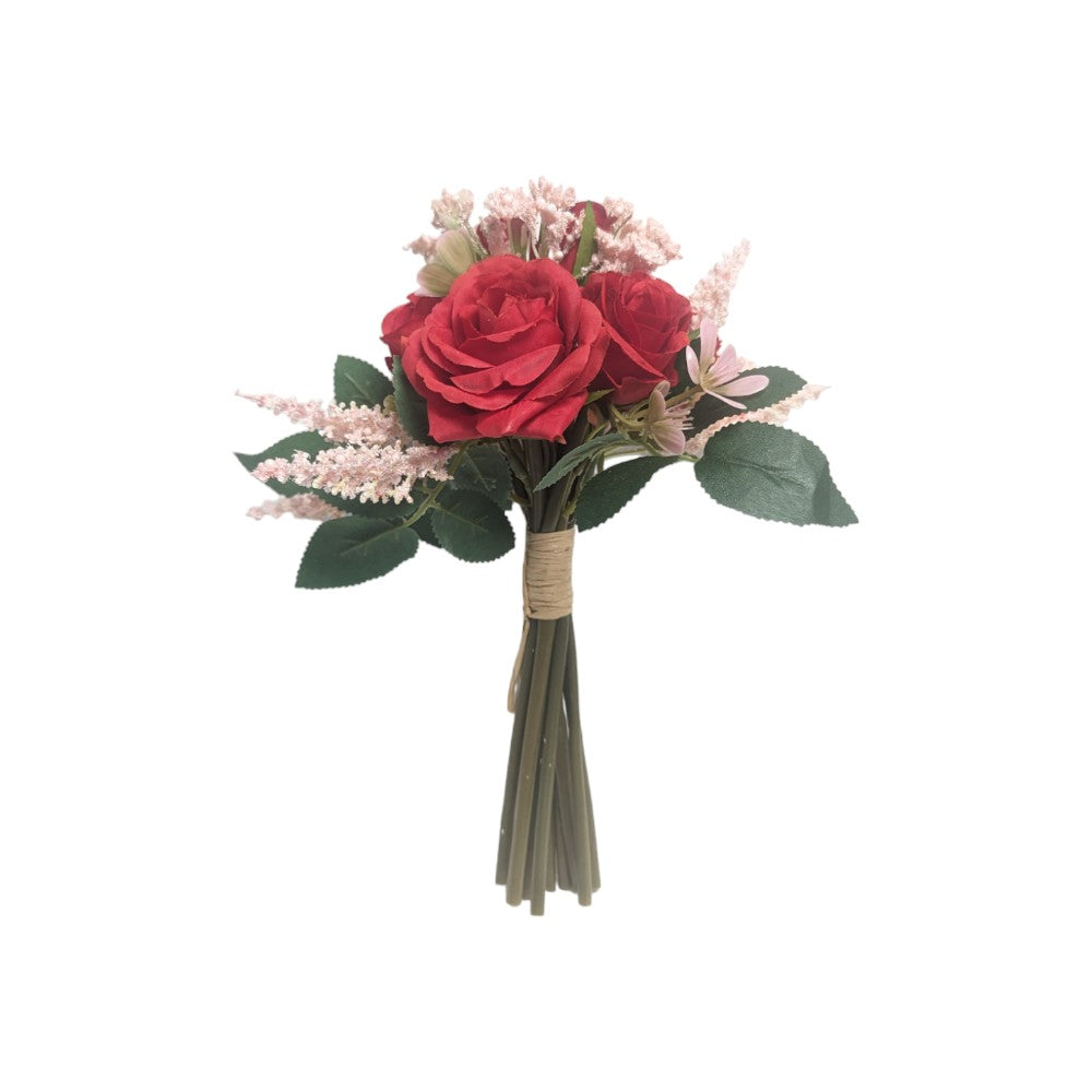 Artificial Mini Rose And Rosebud Bundle With Foliage Red