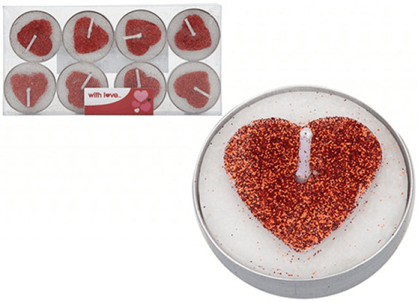 Pack of 8 Glitter Heart Tealight Candles