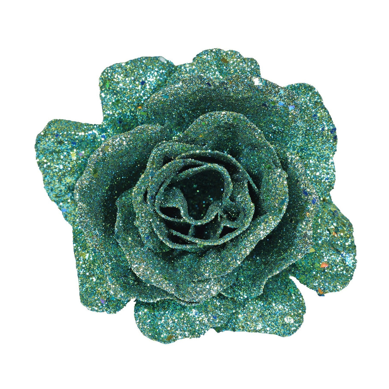 Artificial Glitter Rose Head With Clip - Turquoise