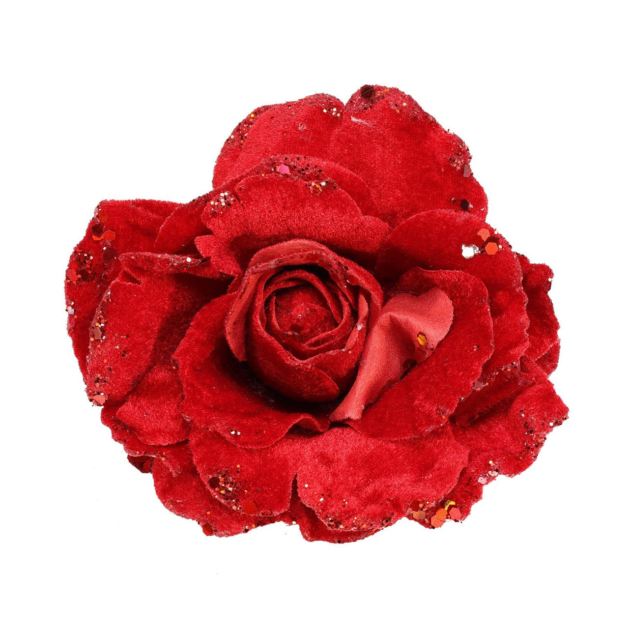 Artificial Velvet Rose with Glitter Edges and Clip - Red