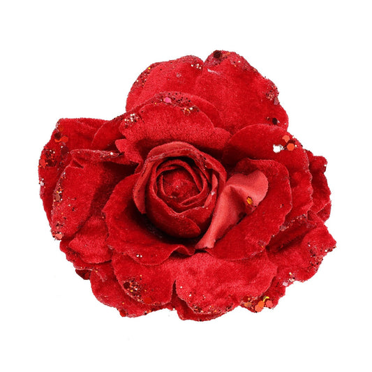 Artificial Velvet Rose with Glitter Edges and Clip - Red