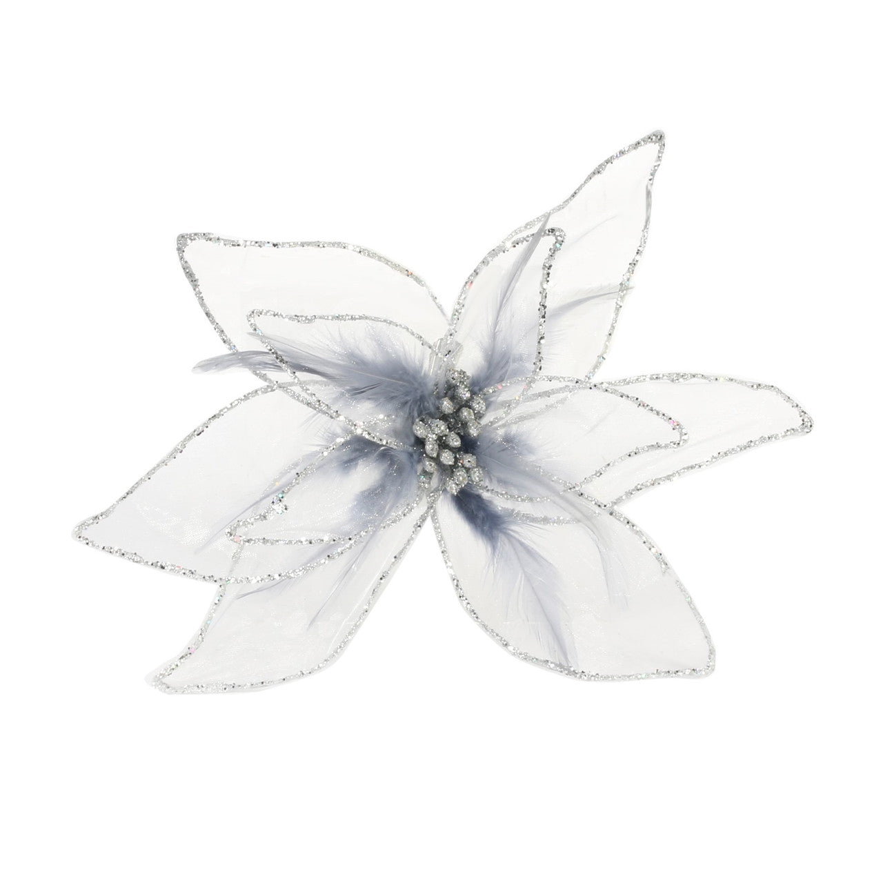 Silver Glitter Poinsettia Organza with Clip