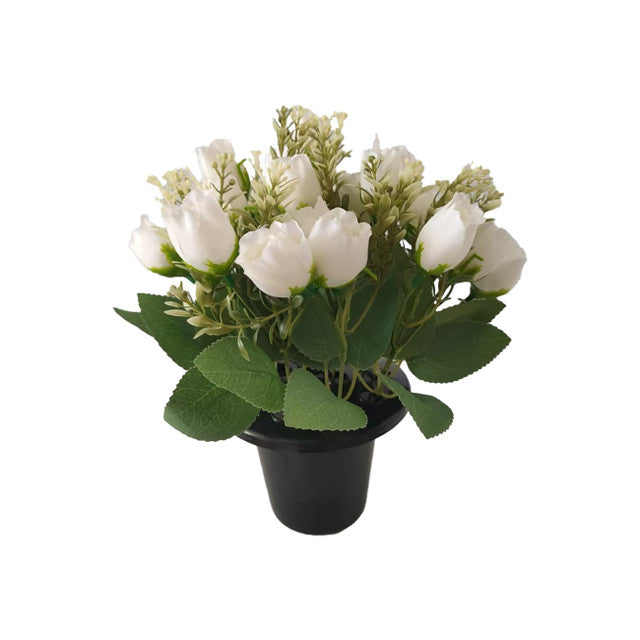 Artificial White Rose Mix Remembrance Grave Pot