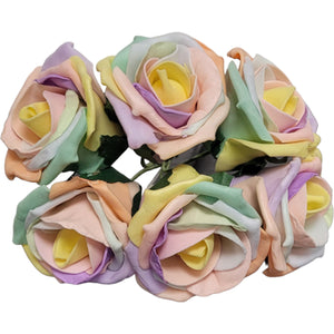 Bunch of 6 Foam Open Tea Roses - Pastel Rainbow