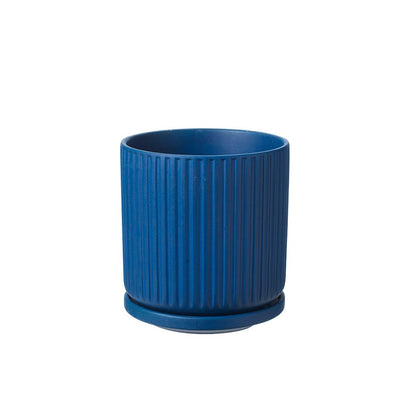 Ceramic Ridged Pot With Saucer - Marino Blue