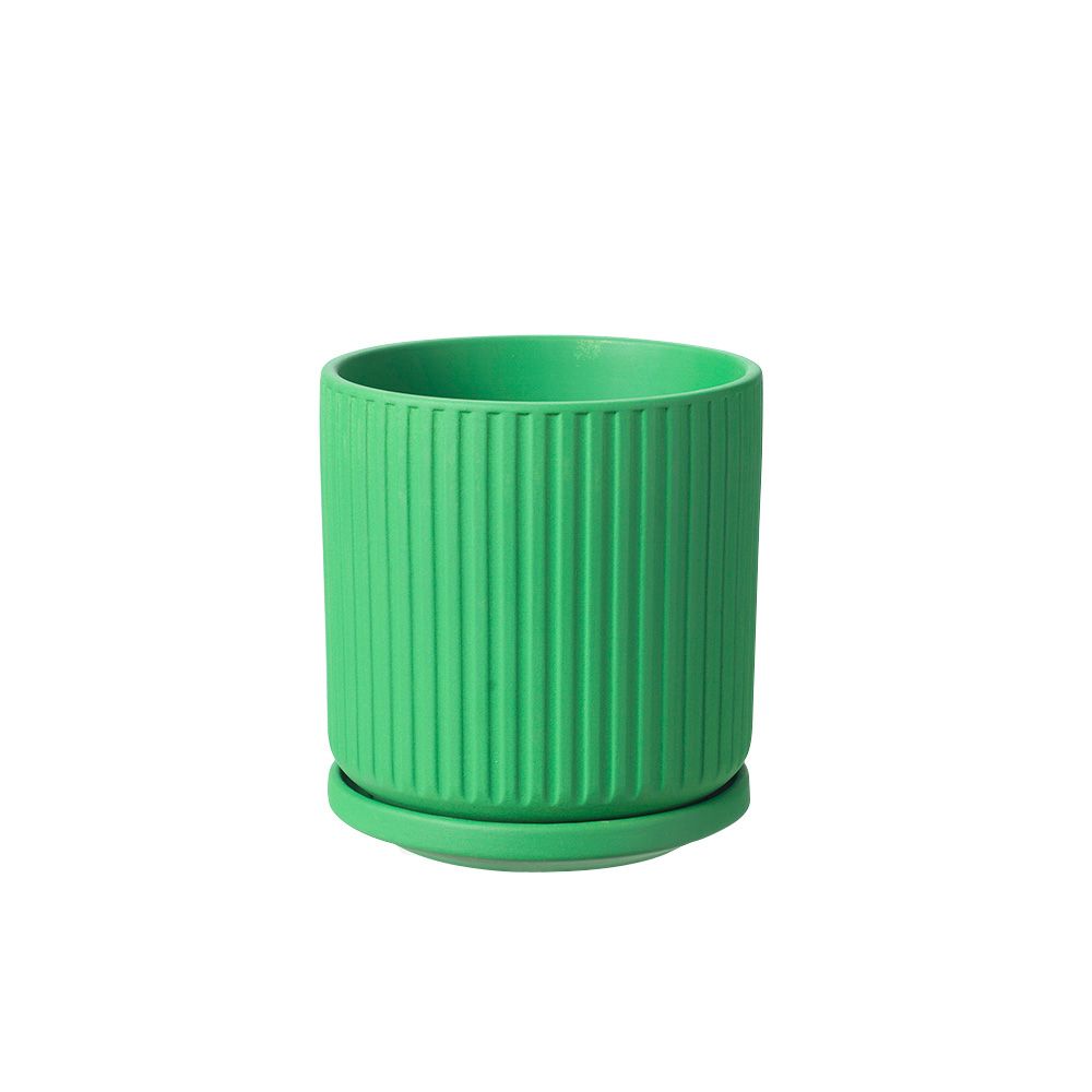 Ceramic Ridged Pot With Saucer - Viva Green