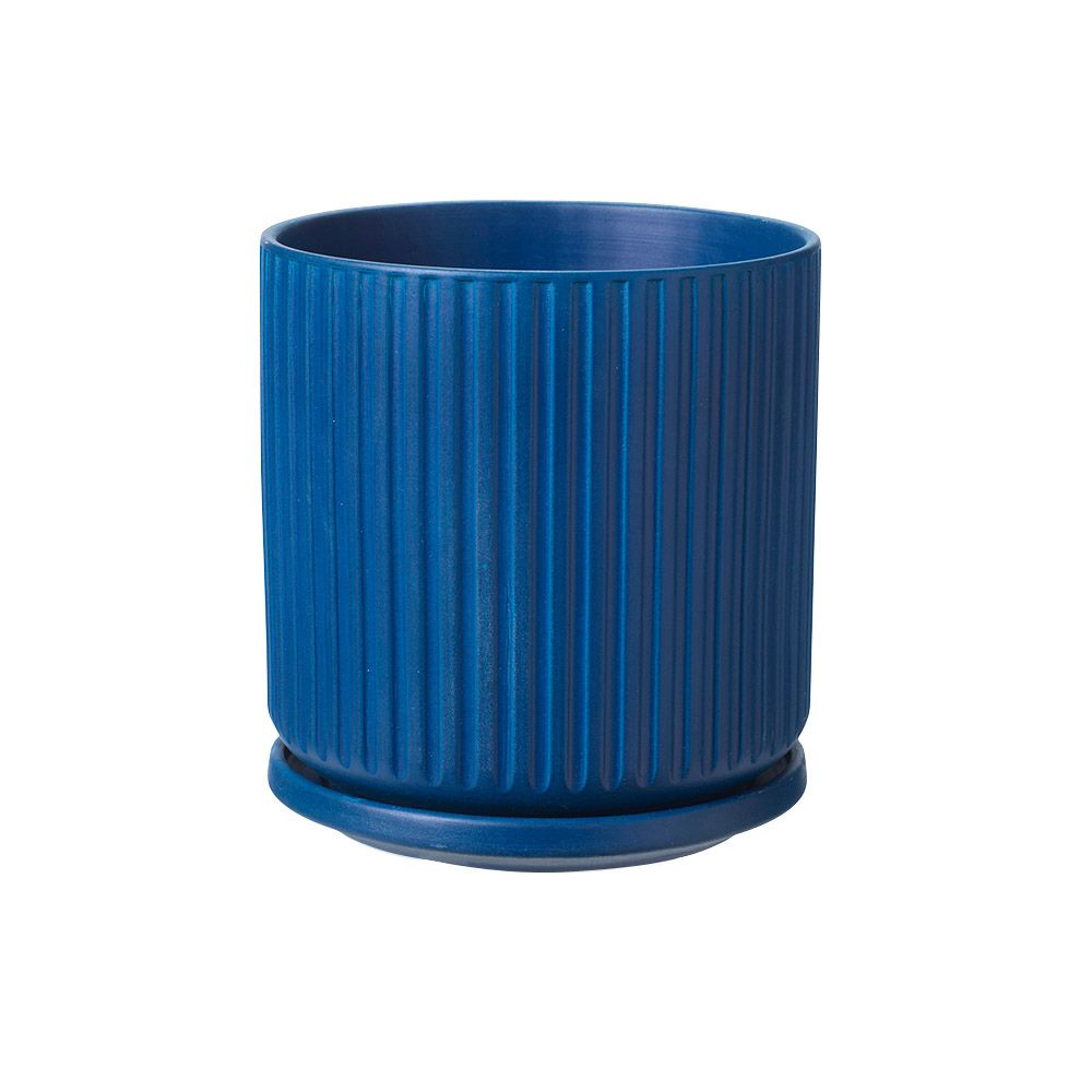 Ceramic Ridged Pot With Saucer - Marino Blue