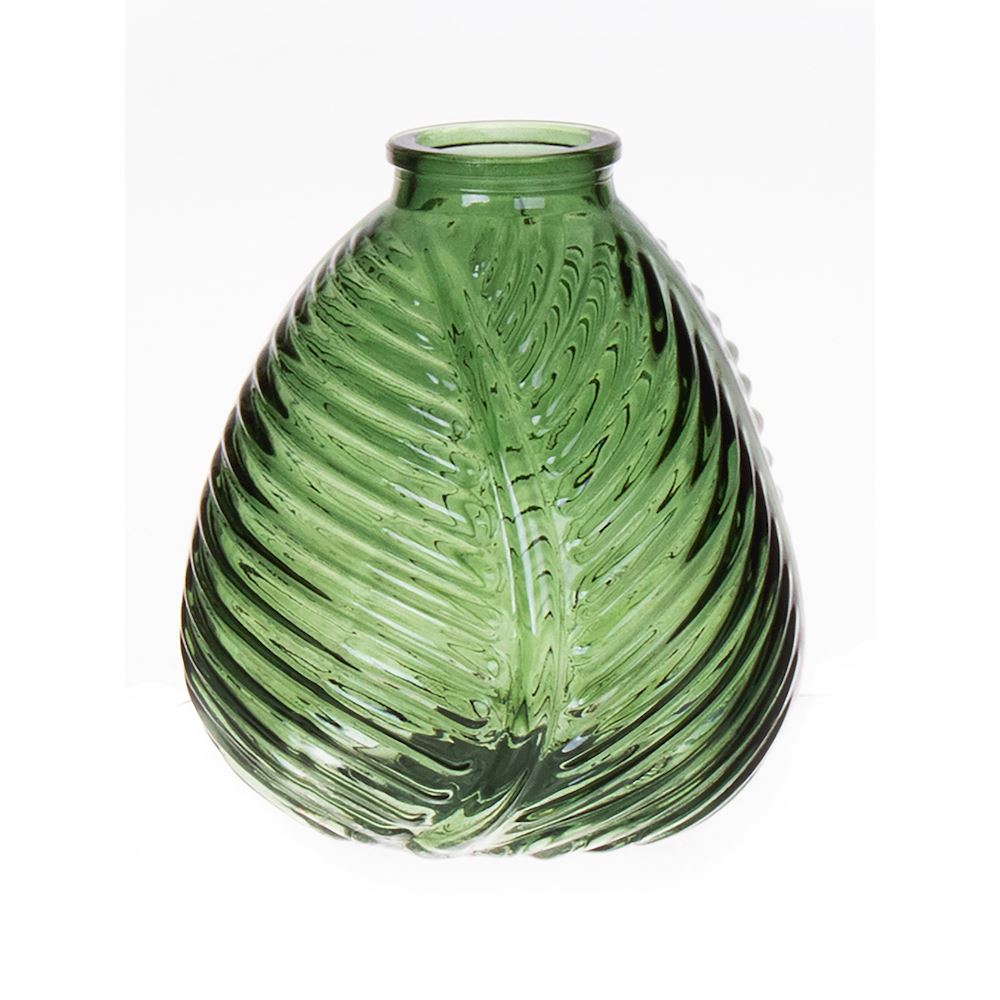 Green Glass Leaf Pattern Vase - H13cm