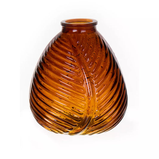 Dark Amber Glass Leaf Pattern Vase - H13cm