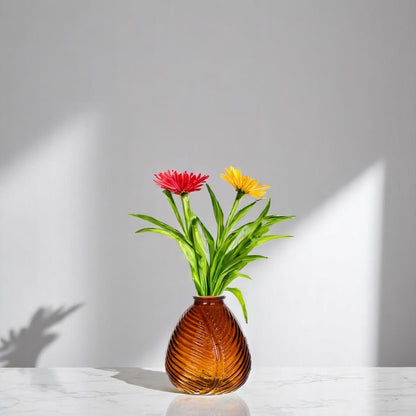 Dark Amber Glass Leaf Pattern Vase - H13cm