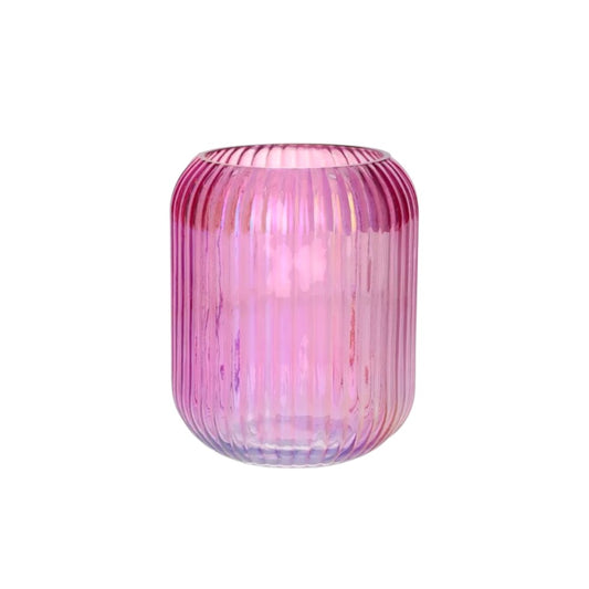Iridescent Ribbed Glass Vase - Pink
