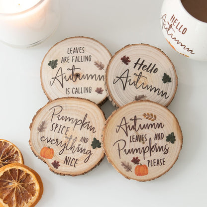 Hello Autumn Log Slice Coaster Set