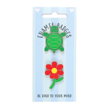 Set of 2 Turtle and Flower Pin Badges