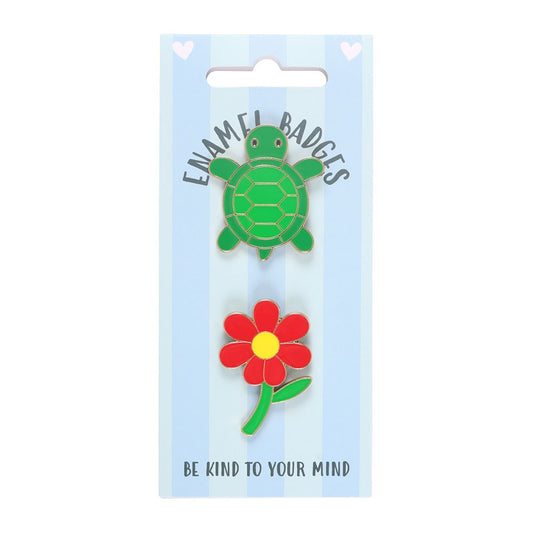 Set of 2 Turtle and Flower Pin Badges