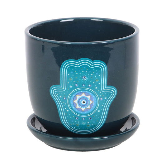 Hand of Hamsa Ceramic Plant Pot And Saucer