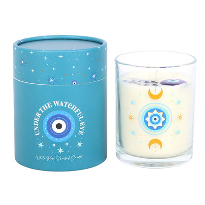 Under Watchful Eyes White Rose Candle with Crystals