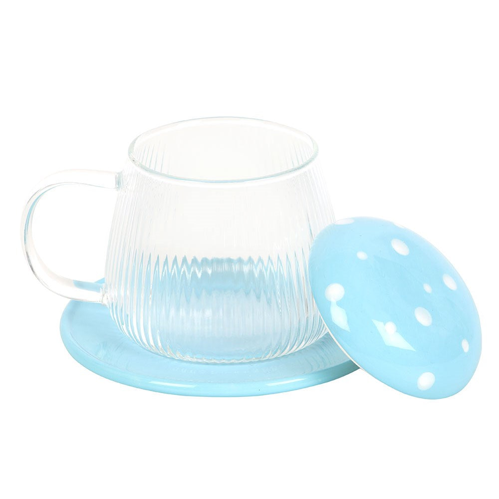 Blue Glass Mushroom Mug and Saucer